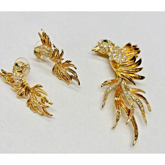Vtg Set 3, Bird of Paradise Lg 3" Enamel Rhinestone Chrystal Pin Brooch/Earrings - Picture 9 of 16